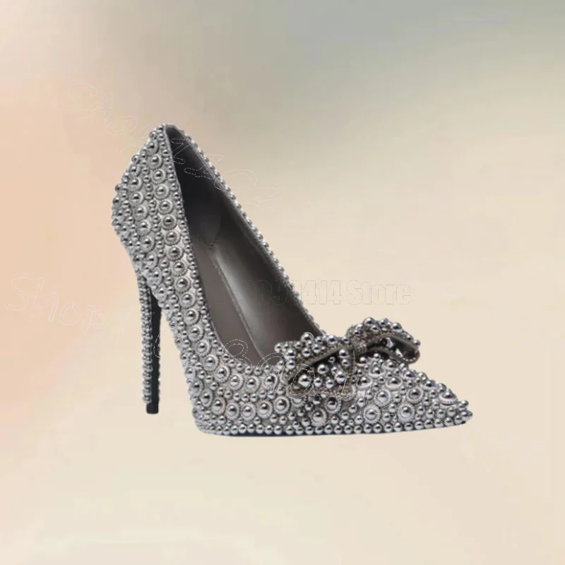 

Silver Round Rivets Bow Knot Pointed Toe Pumps Slip On Women Shoes Thin High Heels Party Banquet Runway 2025 Zapatos Para Mujere