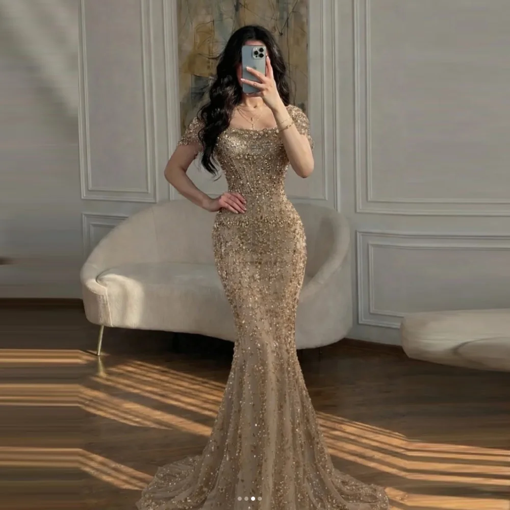 Charming Shiny Evening Dresses Woman's Mermaid Prom Gowns Short  Sleeve Sequined Fashion Beach Party Customized Vestidos De Noch