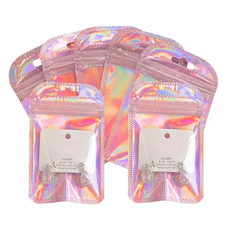 50pcs Iridescent Ziplock Bag Transparent Laser Thicken Plastic Seal Bags for Jewelry Display Handicrafts Nail Eyelash Packaging