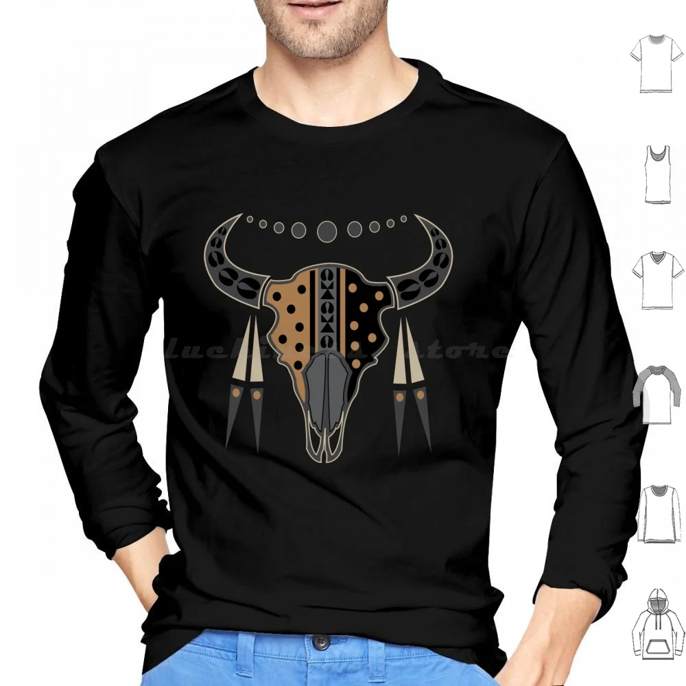 

Buffalo Skull And Feathers ( Brown ) Hoodie cotton Long Sleeve Buffalo Bison Animal Feathers Lakota Melvin War Eagle