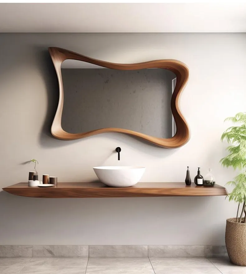 & French-style Vintage Wood Bathroom Mirror Irregular Wall-mounted Vanity Mirror LED Strip Light Anti-fogging Wabi-sabi Decor fo view 6