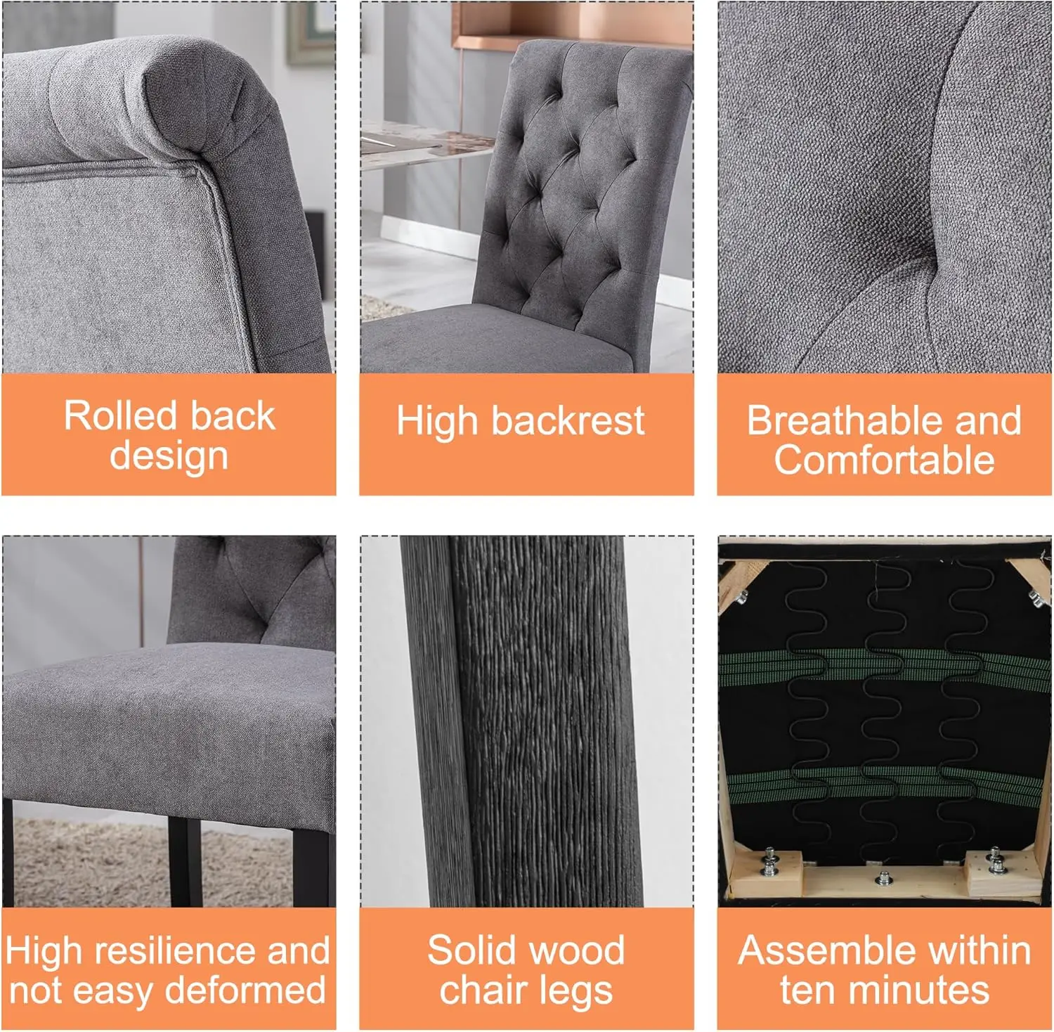 طقم كراسي طعام منجدة مكون من 4 قطع، كرسي مطبخ بارسونز معنقدة بأرجل خشبية صلبة، كرسي جانبي من القماش الرمادي الحديث لتناول الطعام