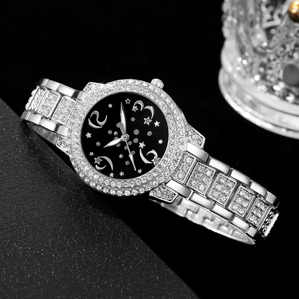 5PCS Set Luxury Watch Women Ring Necklace Earrings Rhinestone Fashion Wristwatch Female Casual Ladies Watches Silver Color Set