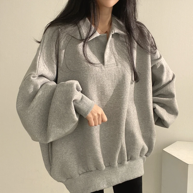 

Стильная женская толстовка оверсайз с флисовой подкладкой, утепленная, повседневная, универсальная, с воротником и рукавами-фонариками, модный верх