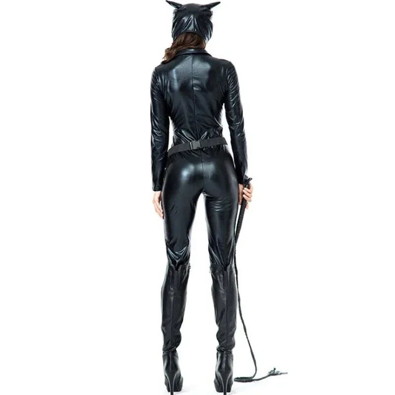 Costume da donna sexy gatto nero per adulti in PVC, festa di Halloween, abbigliamento cosplay