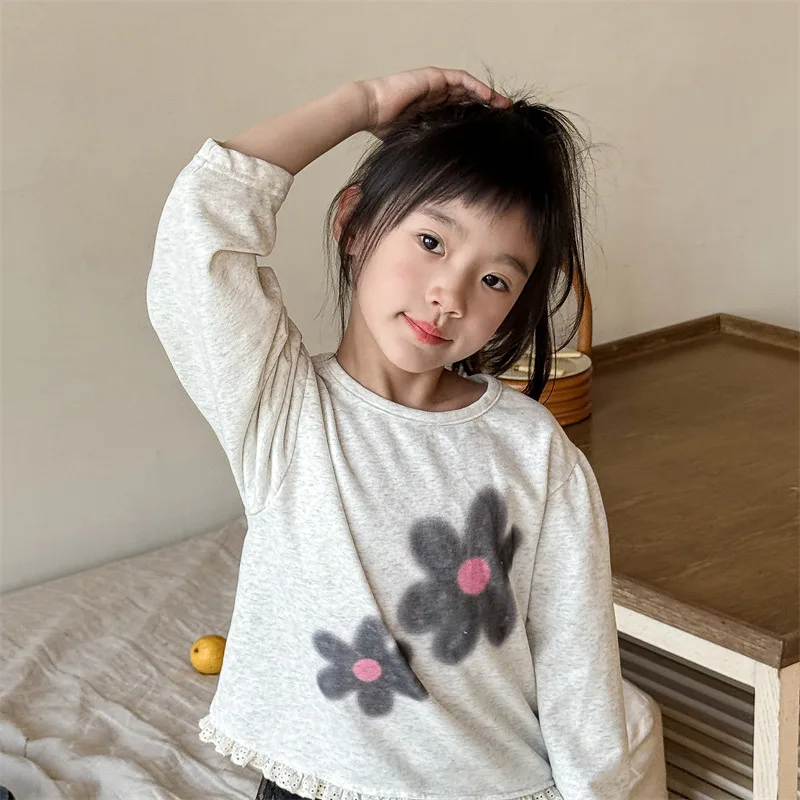 

2025 Spring New Children Long Sleeve T Shirts Girls Flower Print Bottoming Shirts Baby Cotton Soft Lace Tops Kids Clothes