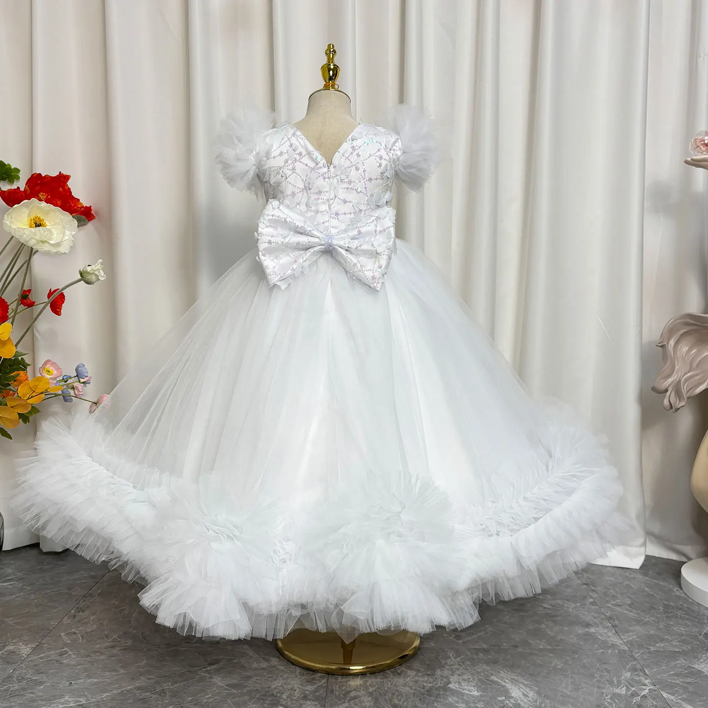 Elegante abito da ragazza di fiori in oro per bambini, principessa, compleanno, festa di nozze, bianco, rosa, per bambini, spettacolo di festa, abito da ballo J069
