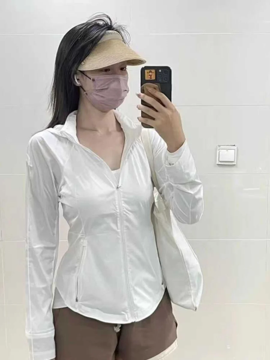 레몬 아이스 실크 자외선 차단 스포츠웨어 야외 통기성 쿨링 감각 여성 패션 숏 코트 긴 소매 후드
