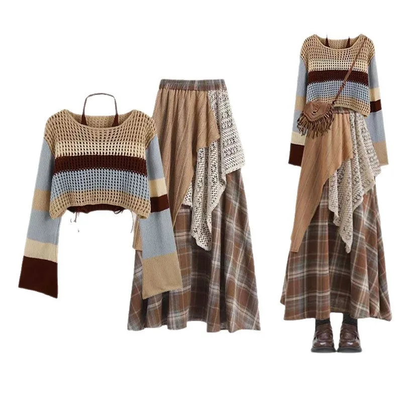 Knitted Top Casual Skirt Women's Set Spring and Autumn High-end Temperament Plaid Dress Two-piece Set image 3