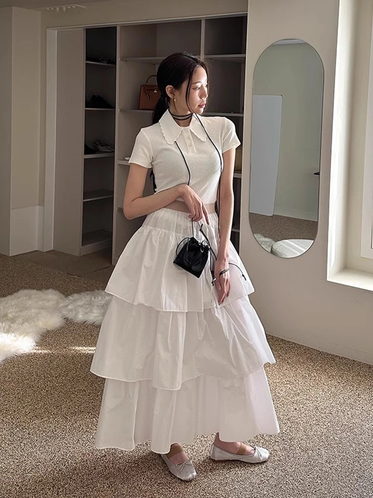 

Ele White High Waist A-Line Skirt Women's Spring New Sle Slimming Cake Skirt Midi Skirt Versatile Cotton Material