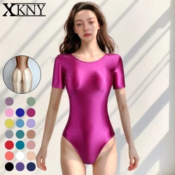 XClocKNYoung satin glossy swimsuit smooth T-shaped high fork short sleeve satin glossy swimsuit Yoga sportswear gymnastic suit