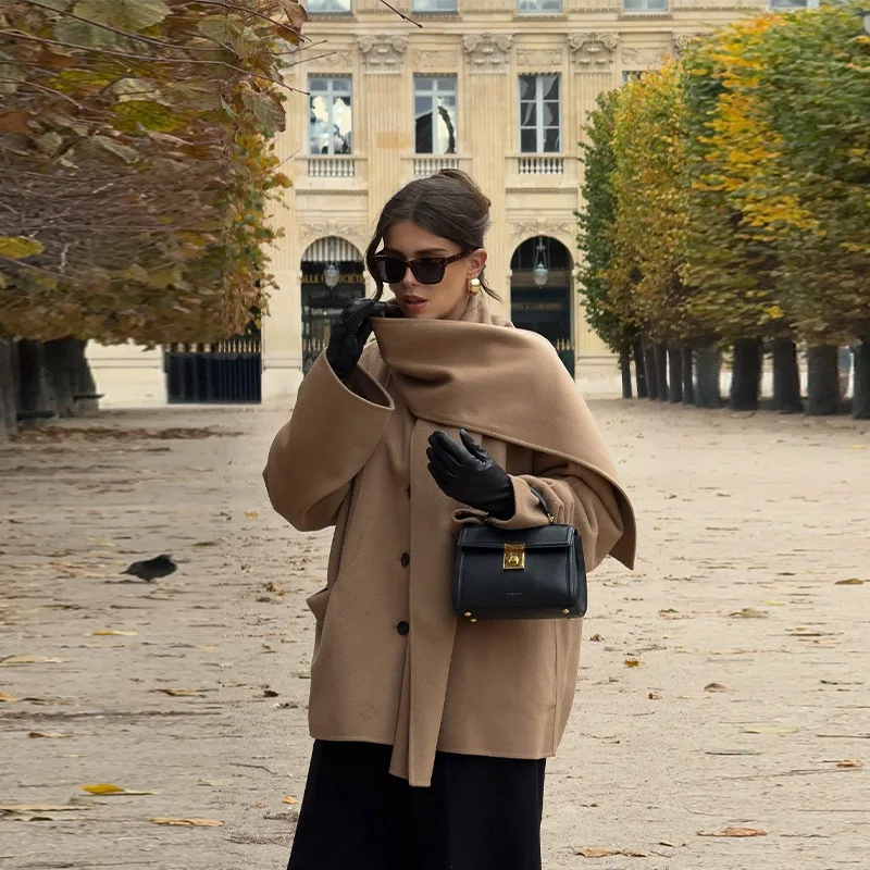 秋冬スカーフ襟ショートコート女性シックなカーキシングルブレストウールルーズジャケット新しい女性オフィス通勤日常アウター