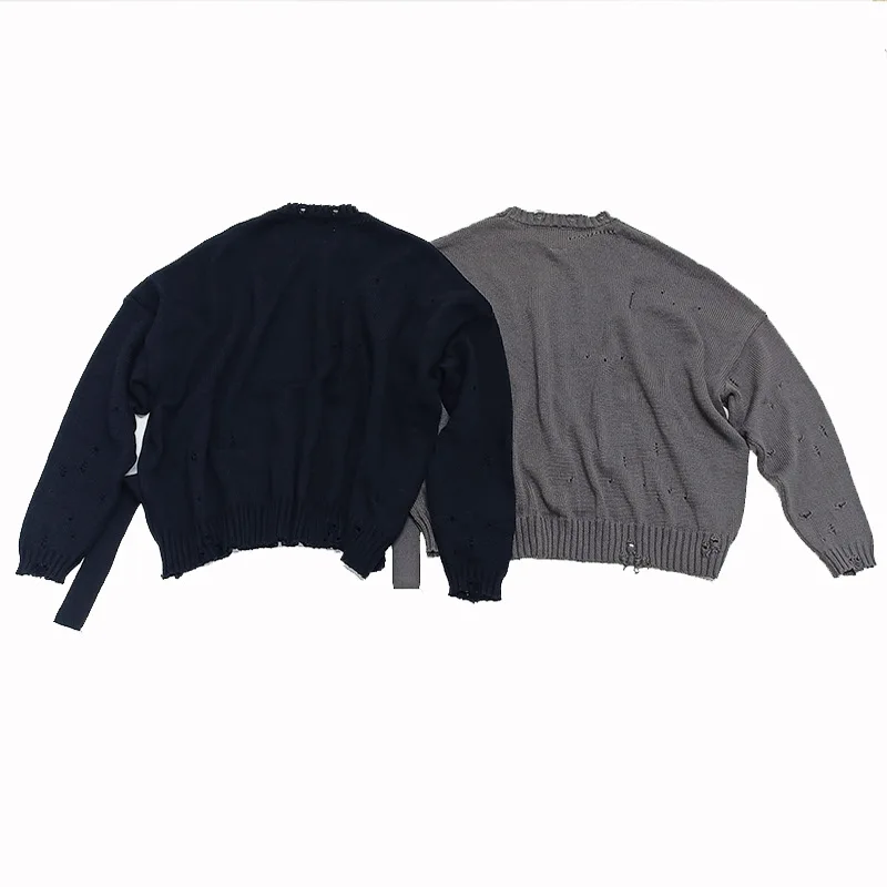 High Street Seater Tops Men's Hole Solid Color Pullover Round Neck Loose and Lazy Casual Knit Versatile Men and Women