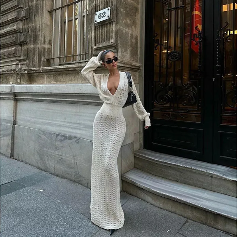 بلون مثير متماسكة قطع عطلة الشاطئ فساتين طويلة غير رسمية المرأة 2025 الصيف مثير الخامس الرقبة طويلة الأكمام Bodycon فستان ماكسي #2