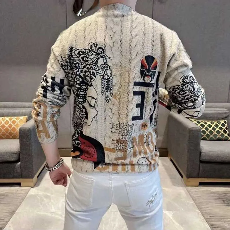 Fashion Stand Collar Printed Chinese Style T-Shirts Mens Clothing 2023 Winter Loose All-match Pullovers Casual Warm Tee Shirt