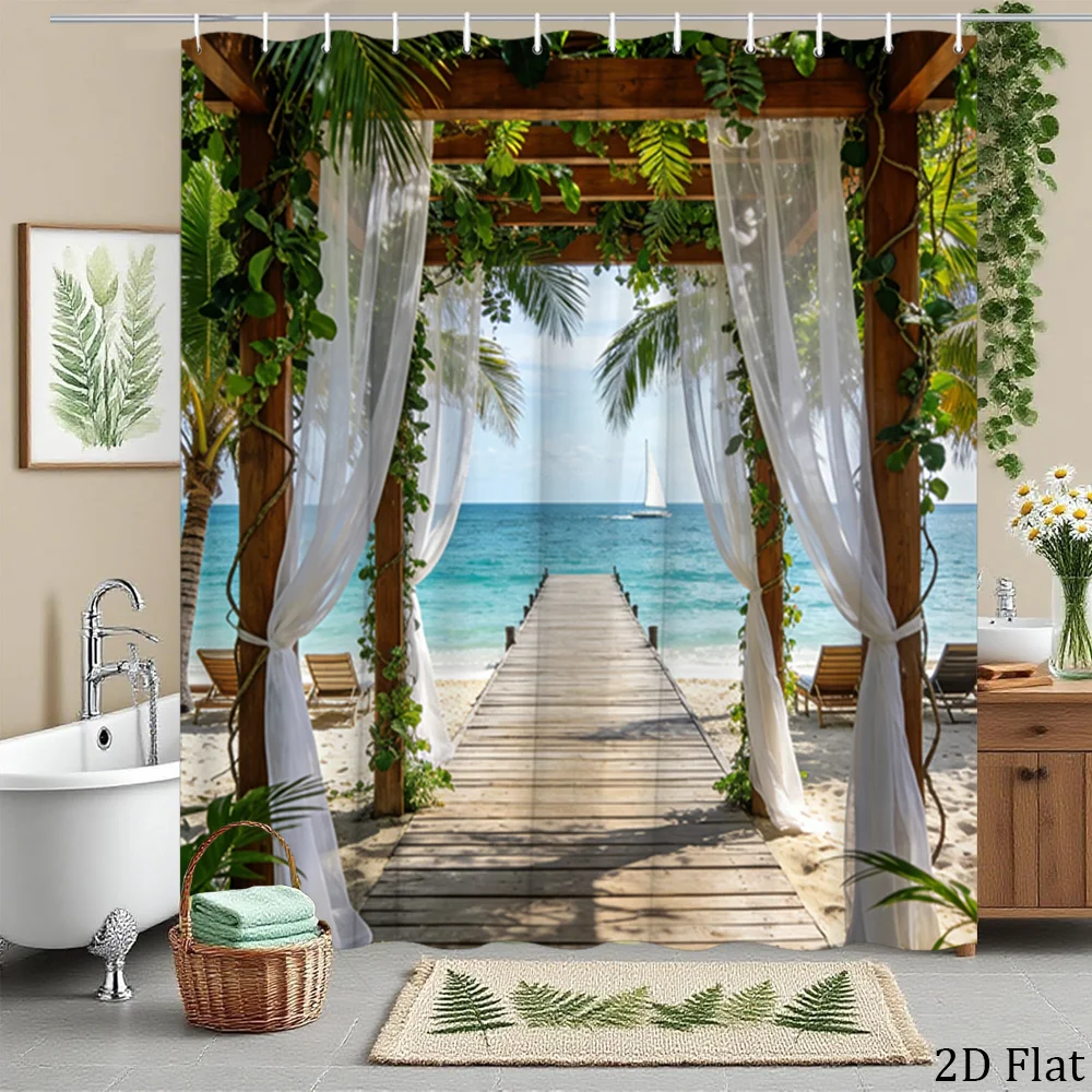 1pc Tropical Paradise Shower Curtain Decorative Beach Scene with Sailboat and Lush Greenery Bathroom Decor Bath Hanging Curtain