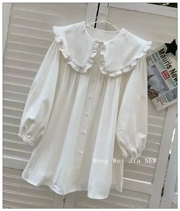 Damenhemden, einfarbig, mit langen Puffärmeln, Peter-Pan-Kragen, koreanischer Stil, modische Oberteile, Retro-Damenbluse, schlicht, lässig, vielseitig kombinierbar. – Detail 17