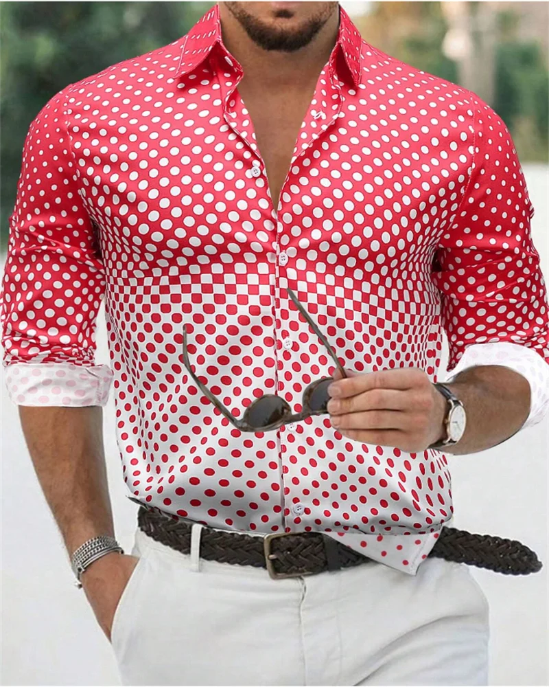 Abbigliamento da uomo alla moda camicia da uomo a pois con risvolto con bottoni camicia hawaiana estiva camicia a maniche lunghe per le vacanze di strada