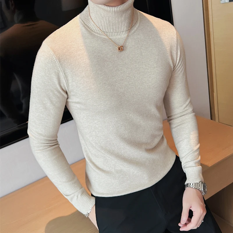 

Мужской трикотажный свитер с высоким воротником и длинными рукавами, зимний, теплый, облегающий, повседневный, в корейском стиле, базовый слой