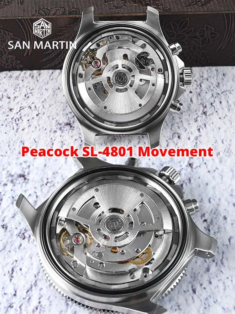 San Martin 40mm Diver Chronograph Watch Peacock SL-4801 Automatic Movement Luxury Men Mechanical Wristwatch Waterproof SN0118