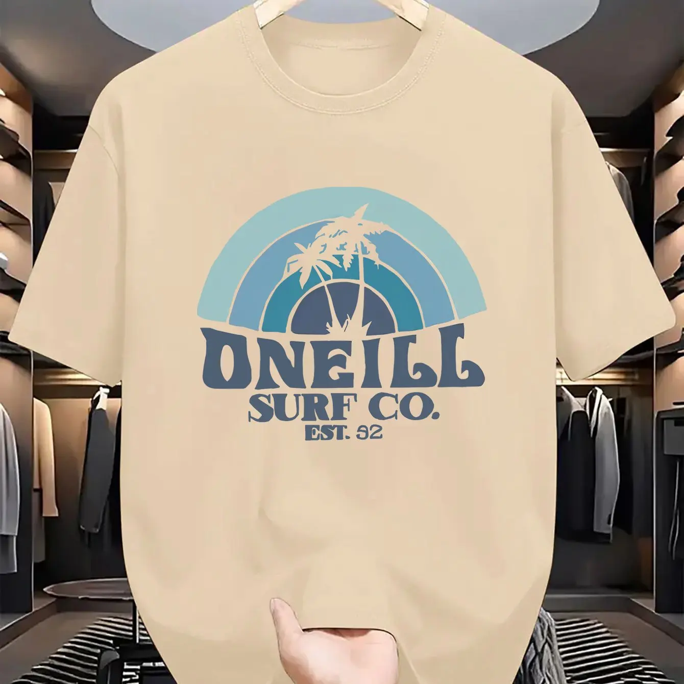 

Men's summer fashionable casual sports loose fit plus palm tree pattern printed round neck short sleeved T-shirt top