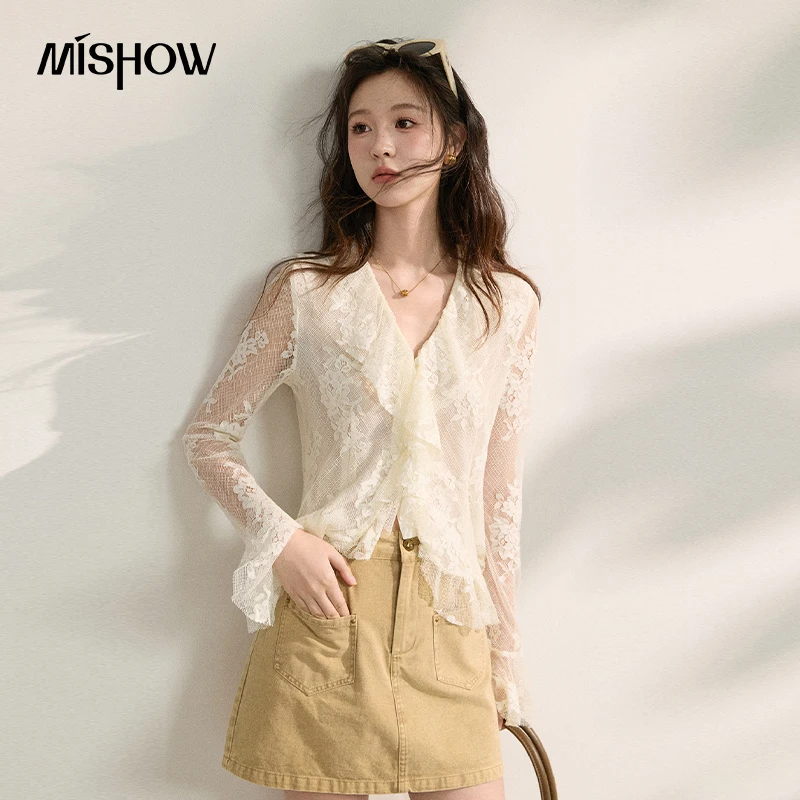 

MISHOW Women's French Style Beige Lace Blouse V Neck Ruffle Flare Long Sleeve Sheer Mesh Top For Spring Summer MXF16X2616