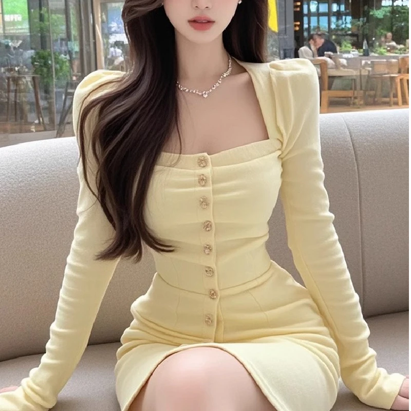 우아한 긴소매 스퀘어 칼라 싱글 버튼 드레스 여성 고급 슬리밍 하이웨이스트 A라인 스커트 폴리에스터 섬유 가을 겨울