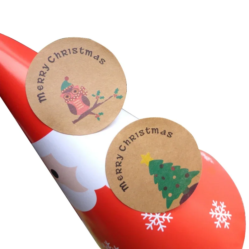 120 قطعة/الوحدة لتقوم بها بنفسك حزمة الهدايا تسمية لاصقة مستديرة "عيد ميلاد سعيد" ختم ملصق لطيف البومة وسلسلة شجرة عيد الميلاد الزخرفية #4