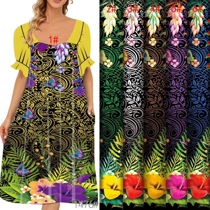 

Vibrant Tribal Print Polyester Fabric Tropical Floral Design Custom Digital Printed for Mumu Dresses Island Fashion