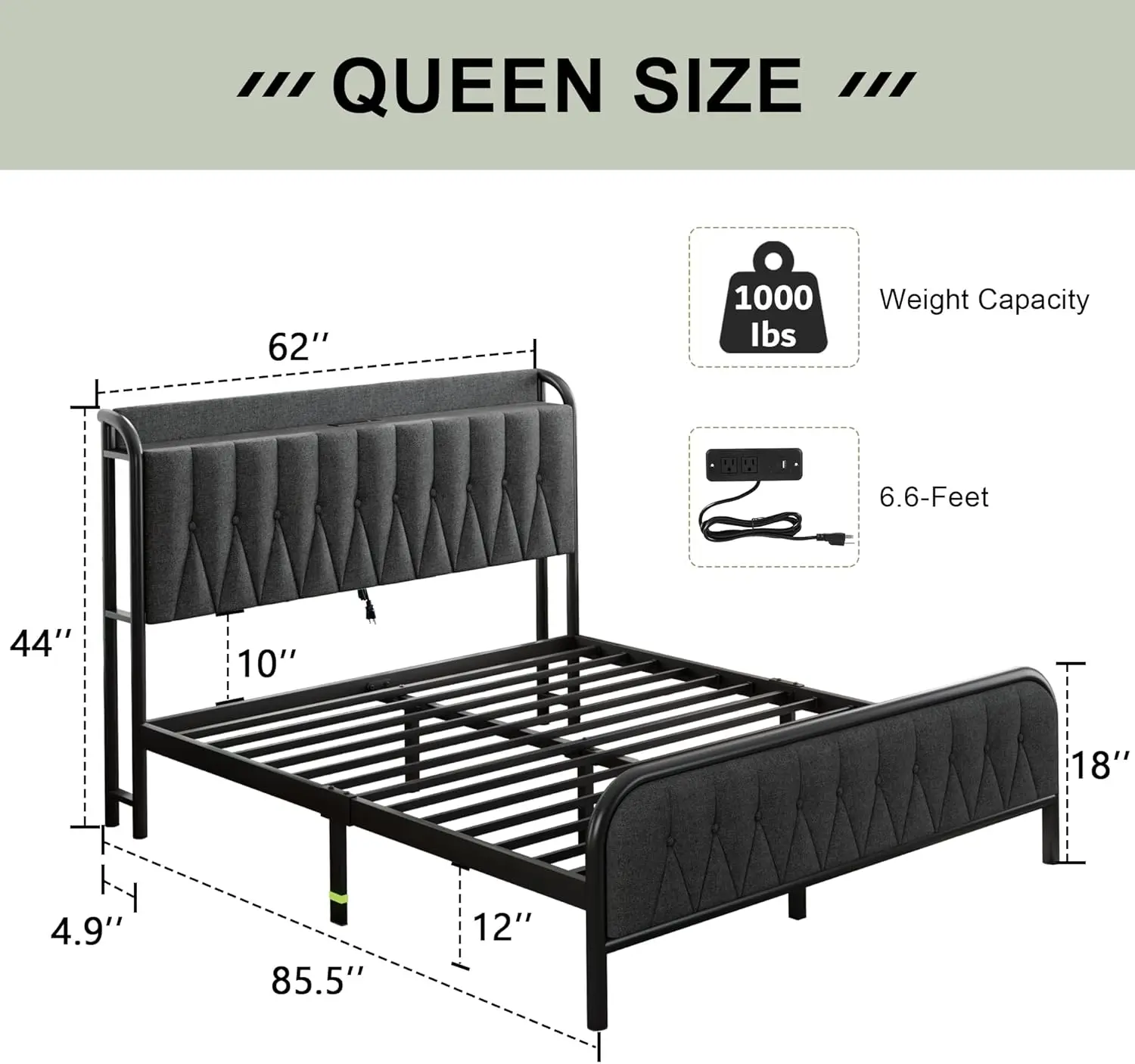 Feonase Leinen Queen-Bett-Rahmen mit Schnell ladestation, Queen-Metall-Plattform betten mit gepolstertem Kopfteil & Trittbrett, 12 ""