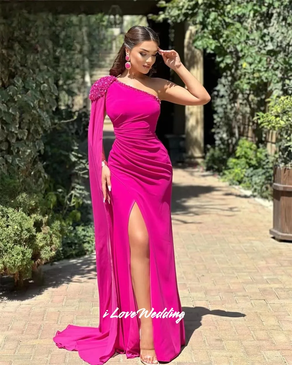 Rose Pink Beaded One Shoulder Prom Dress Sleeveless Shawl Mermaid Side Split Backless Pleated Floor-Length Party Dress Customize