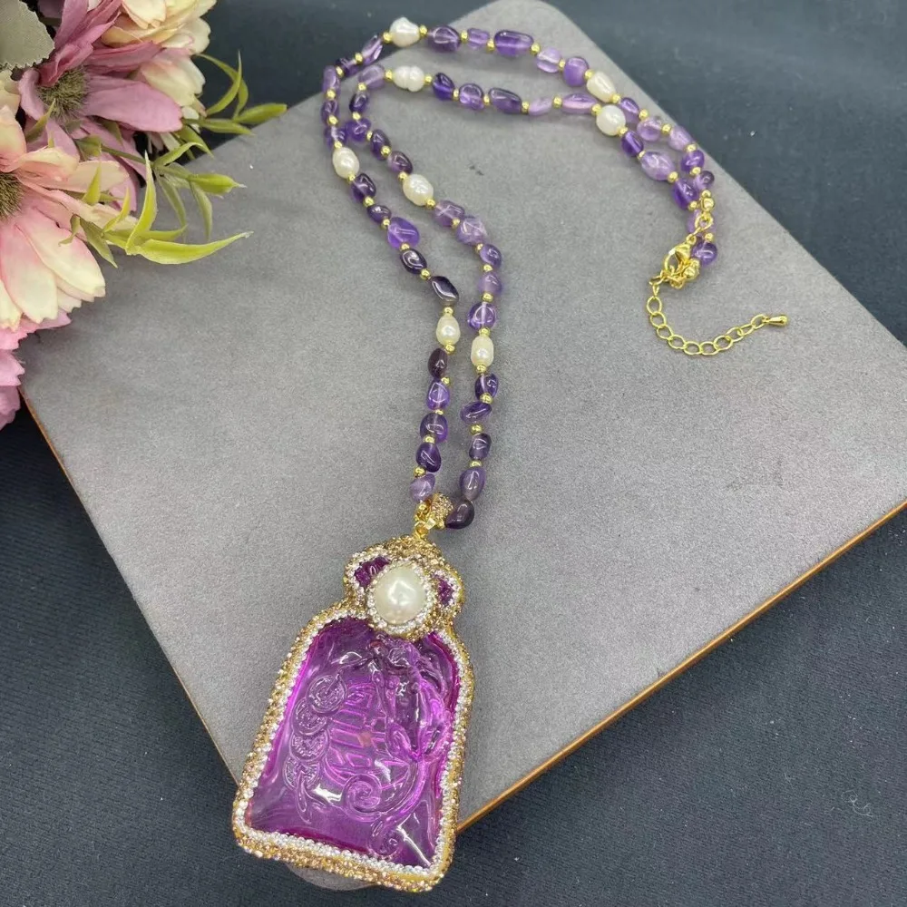 

New Glass Pendant Amethyst Women's Necklace Personalized Fashion Simple Ladies Clothing Accessories Exquisite Jewelry