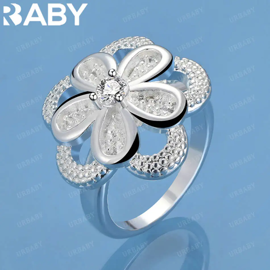

URBABY 925 Sterling Silver Size 7-10 Zircons Flower Ring For Women Fashion Jewelry Vintage Grace Charm Noble Party Birthday Gift
