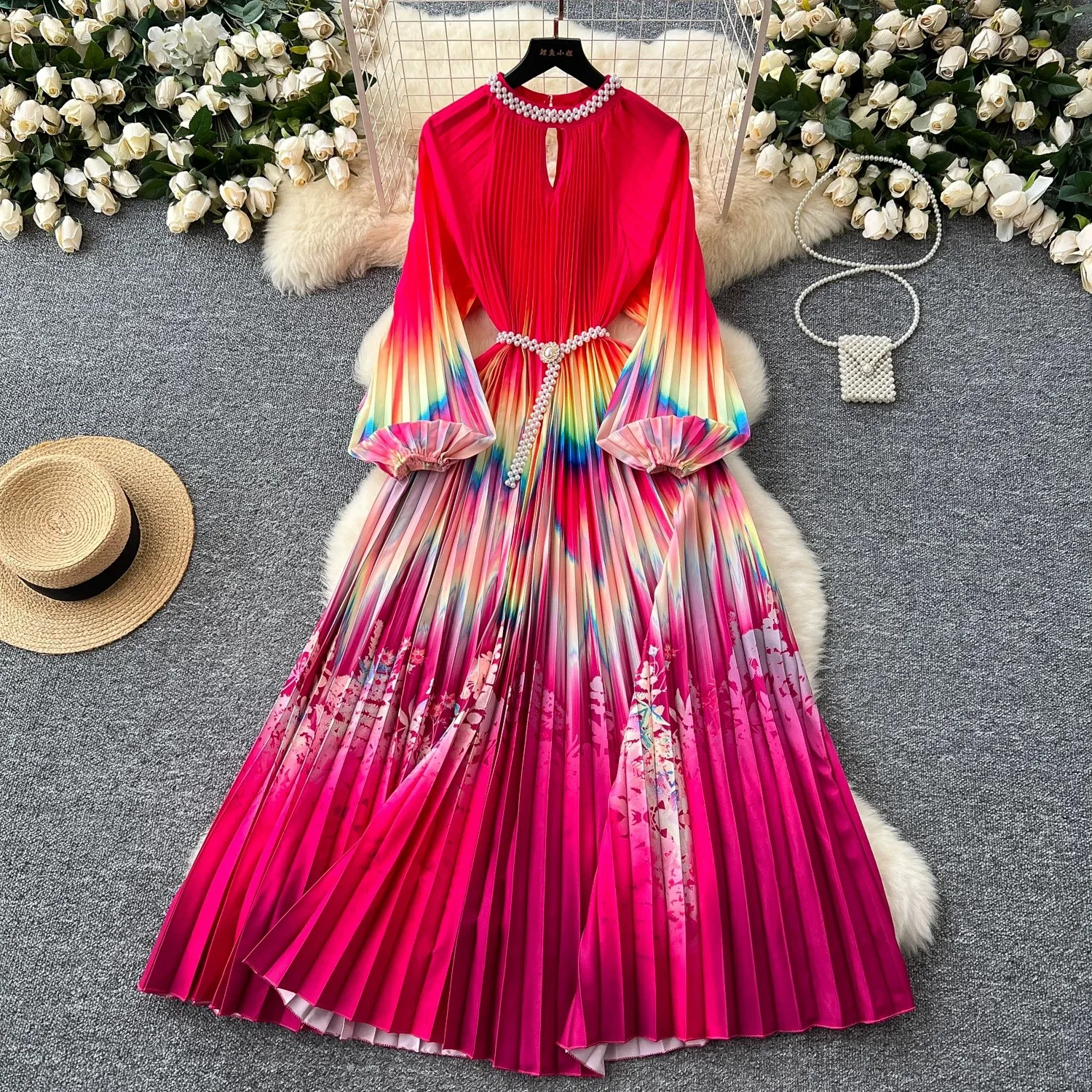 

Dress Women Long Dresses Lantern Sleeve A Line Vestidos Floral Print Slim High Waist Streetwear Pleated Elegant Maxi Y2k Spring