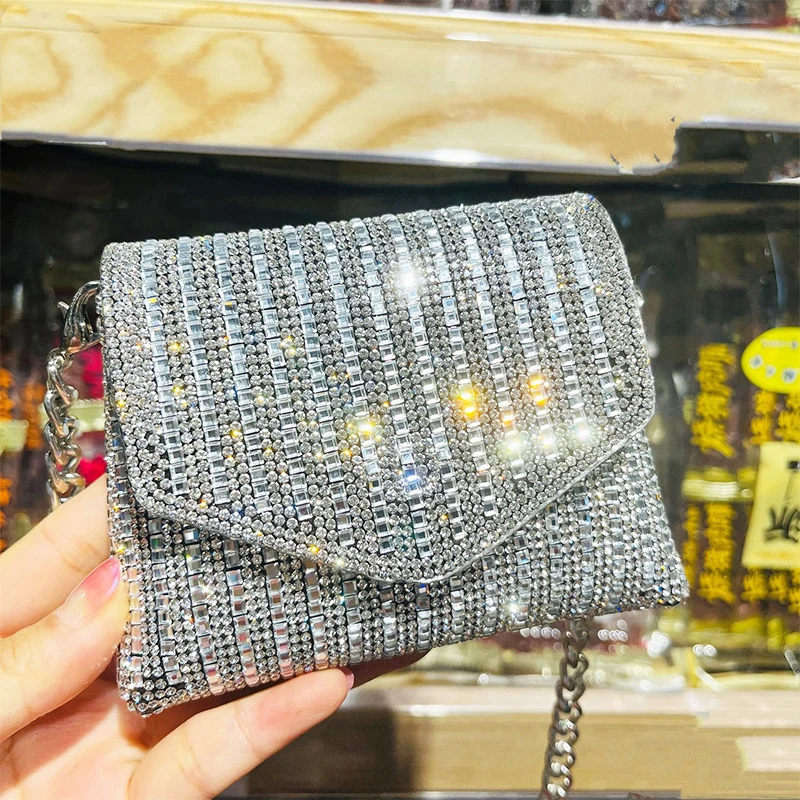 LAGO DE SAC Female Bling Chain Crossbody Bag Ladies Mini Rhinestone Small Shoulder Purse Full Diamond Messenger Evening Bag