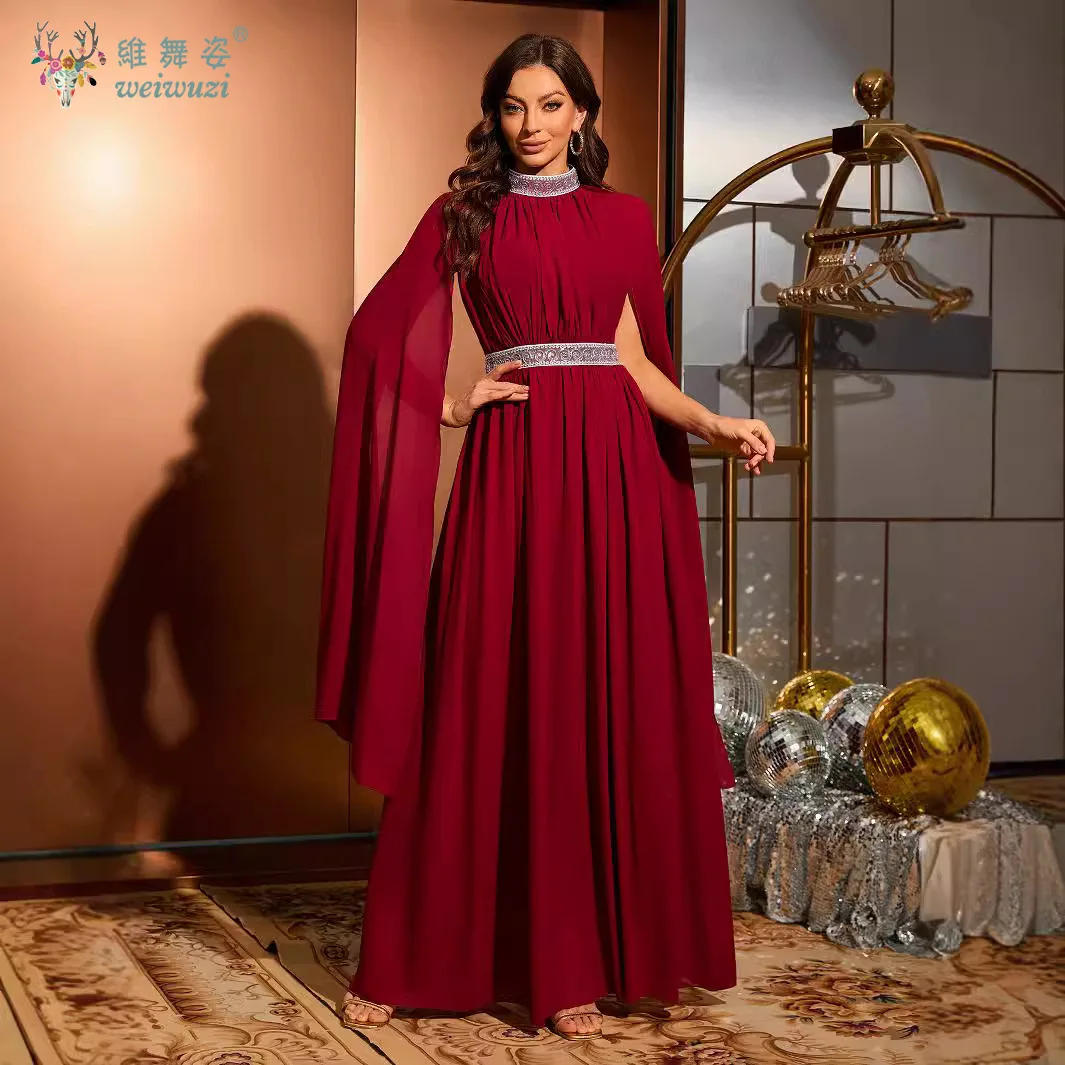 

New Autumn High Neckline and Waist Cinching Design with Bat Sleeves for Evening Dresses and Pregnant Women's Evening Dresses