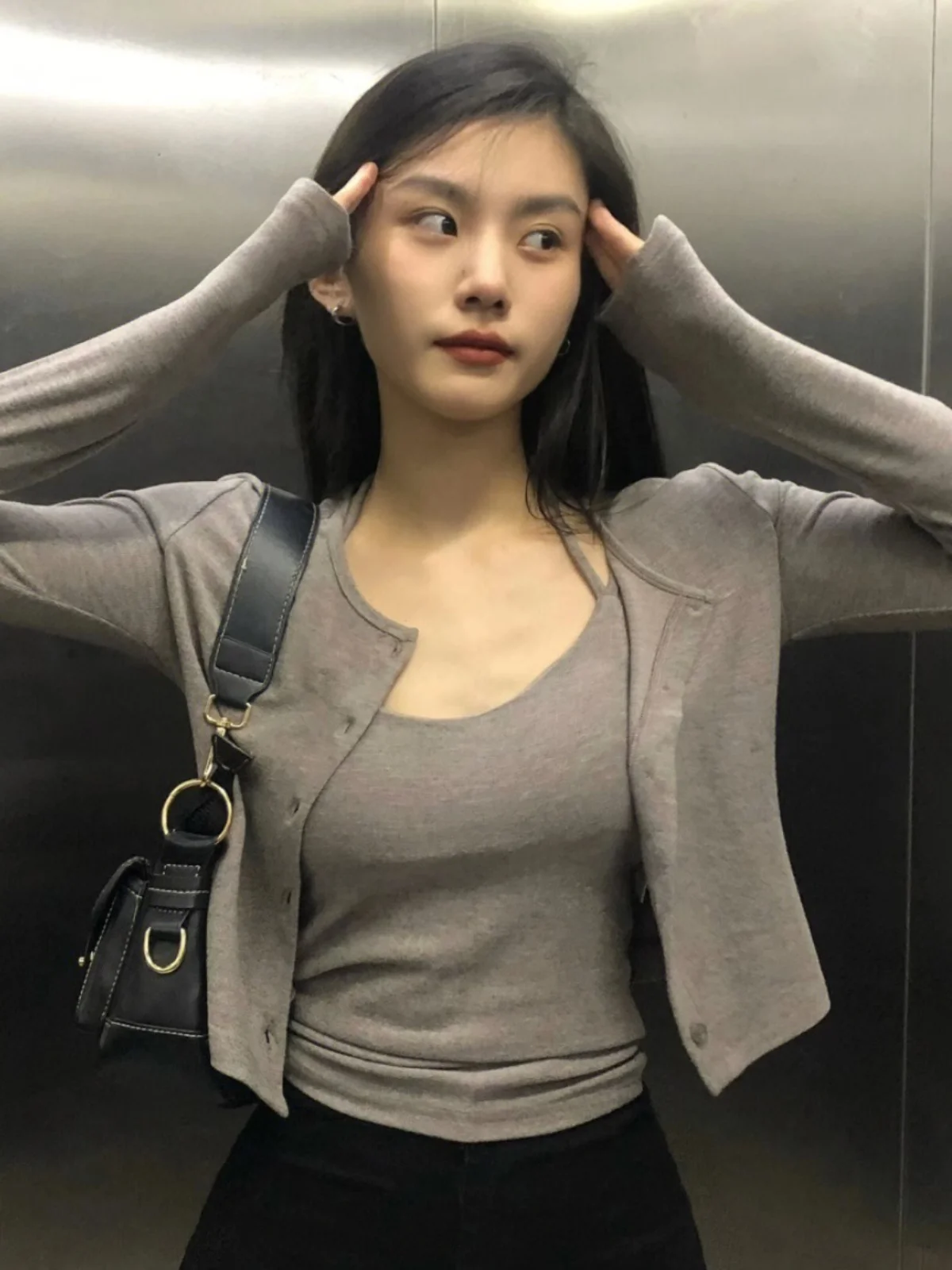 

ay Knitted awl Women's Outerwear oulder Strap Two-Piece Set Spring Autumn Cardigan Long Sve Slim Fit Commute Sle