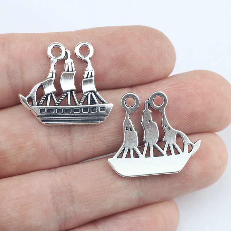 10 Pieces/Lot 22*25mm Mixed Alloy Antique Silver Color Sailboat Charms Necklace Pendant Connector For DIY Jewelry Making