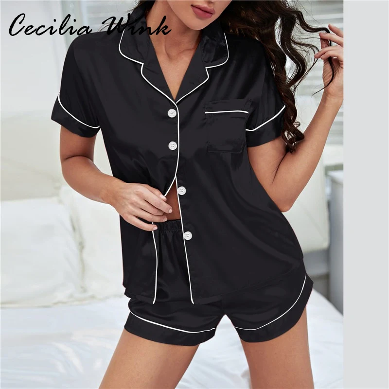 Womens Silk Satin Pajamas Set Short Sleeve Two-piece Pj Sets Sleepwear Loungewear Button-Down plus size M-2XL