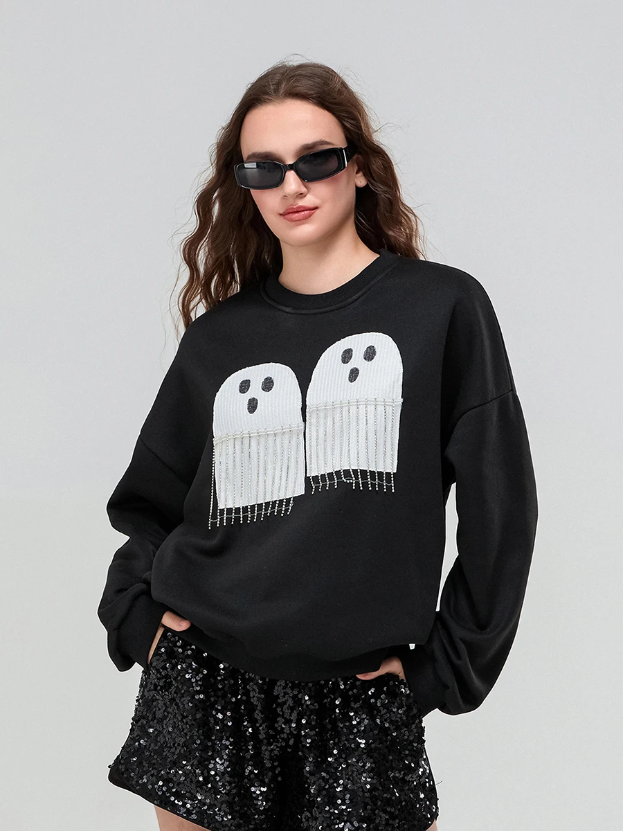 Moletom feminino com capuz de Halloween manga comprida gola redonda fantasma com borla pulôver outono tops
