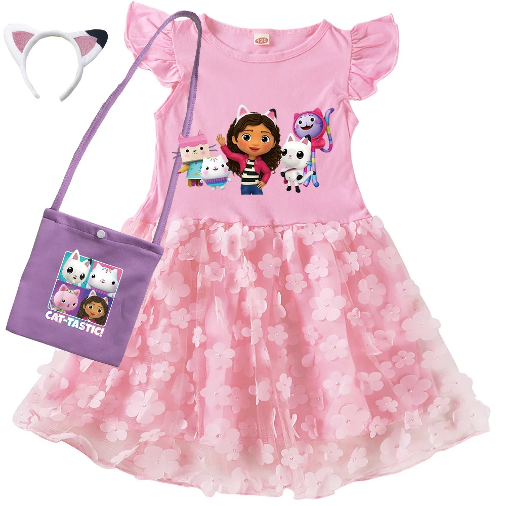 Vestidos Gabbys Dollhouse Clothes Kids Cartoon Gabby Chat Dress Baby Girls Summer Short Sleeve Casual Dresses and Bag & Headband