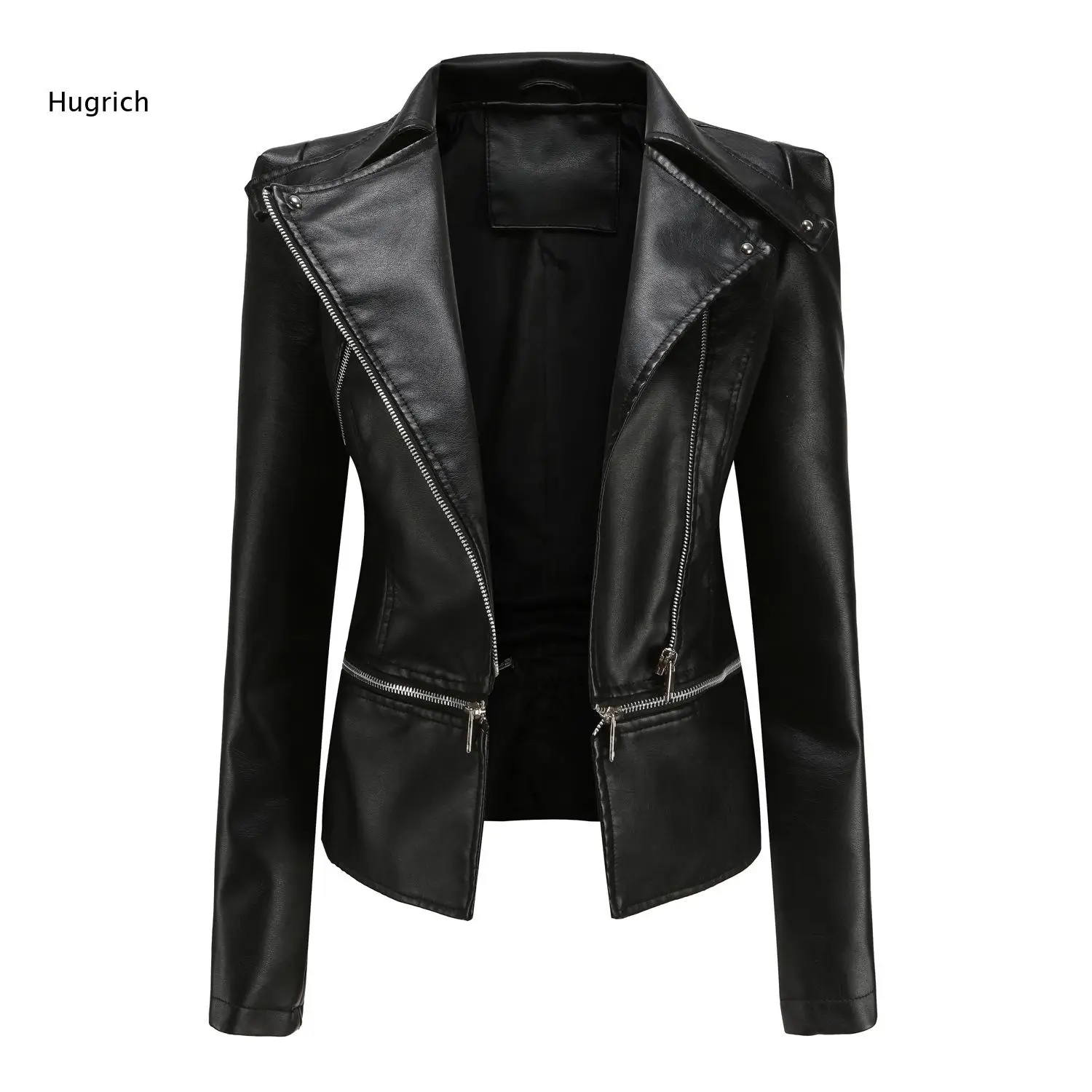 Lapel Asymmetric Zip Faux Leather Short Coat For Women Slim Biker Style Long Sleeve Outerwear With Multi Zipper Pocket Details