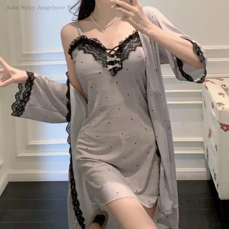 

Spring New Nighty&Robe Set Sweet Sexy Lace Spaghetti Strap Nightgown Loose Bathrobe Kimono Home Dress Gown Sleepwear Loungewear