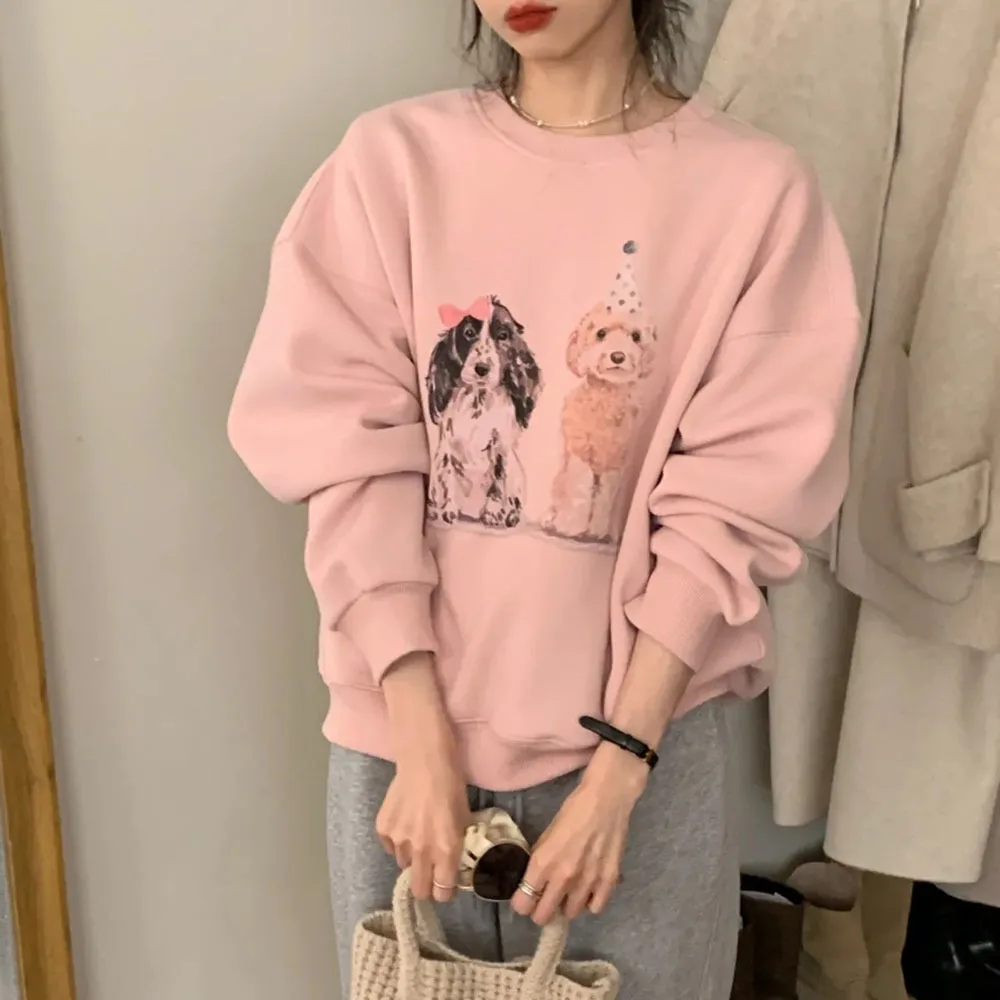 

Korean Style Cartoon Dog Print Sweatshirts Womens O-Neck Long Sleeve Hoodie Women's Top Autumn Harajuku Loose Pink Pullovers