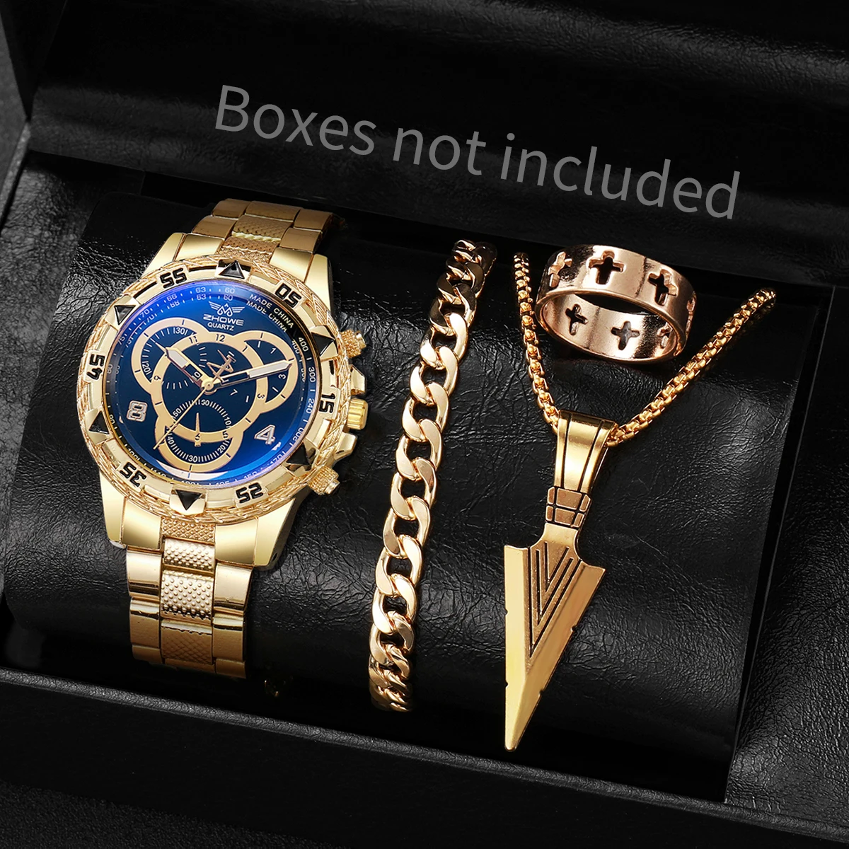 4PCS/Set Fashion Men Quartz Watch Luxury Large Dial Mens Business Wristwatch Male Clock Jewelry Set Reloj Hombre（Without Box）