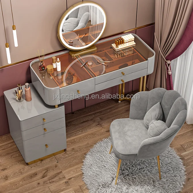 Modern Luxury Light Vanity Desk Italian Style Dressing Table with Wood Chair for Bathroom or Apartment Use