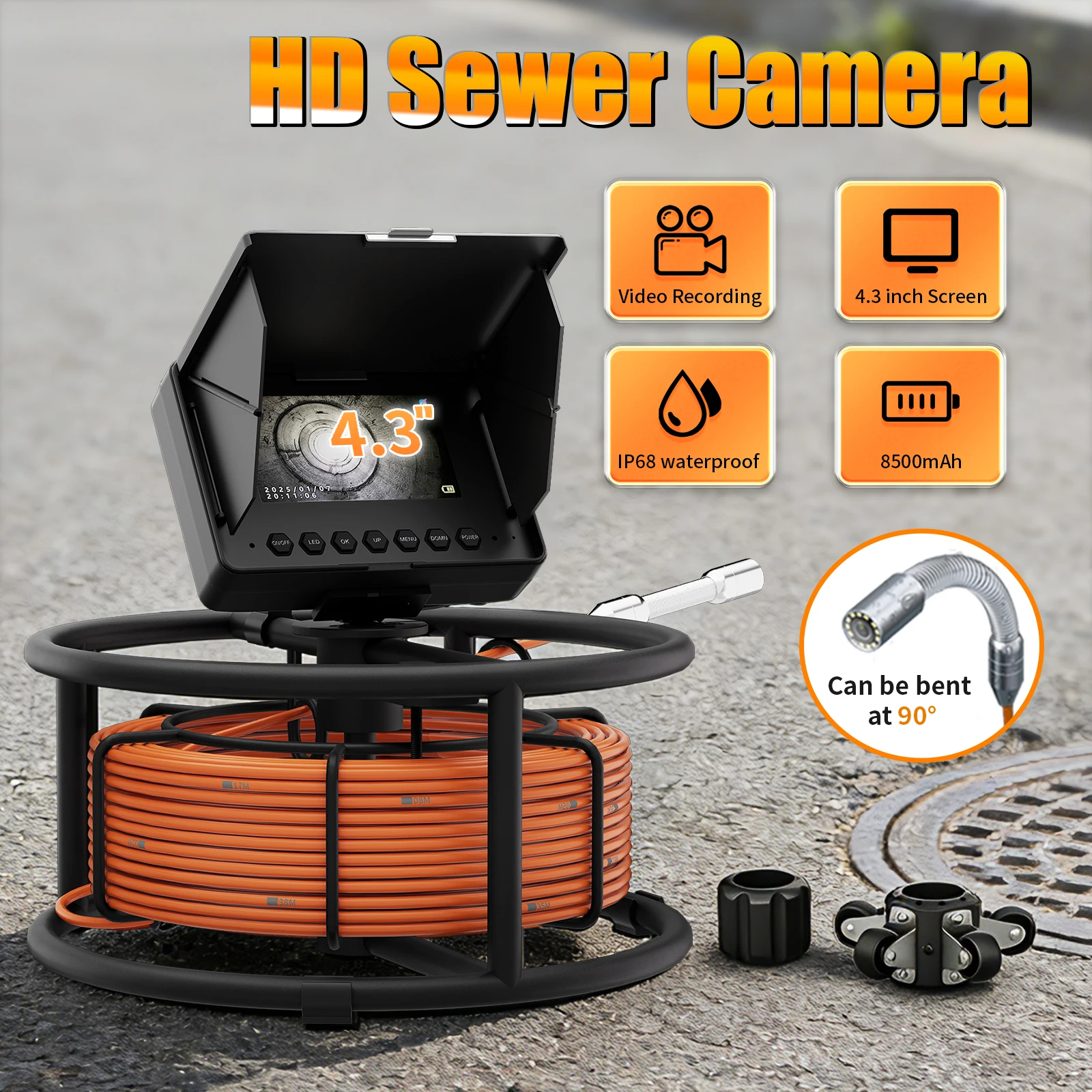 

Камера для осмотра канализационных труб 4,3 дюйма, 18/23 мм, с картой памяти TF 16 ГБ, DVR, IP68, промышленный эндоскоп для дренажных и канализационных труб, аккумулятор 8500 мАч