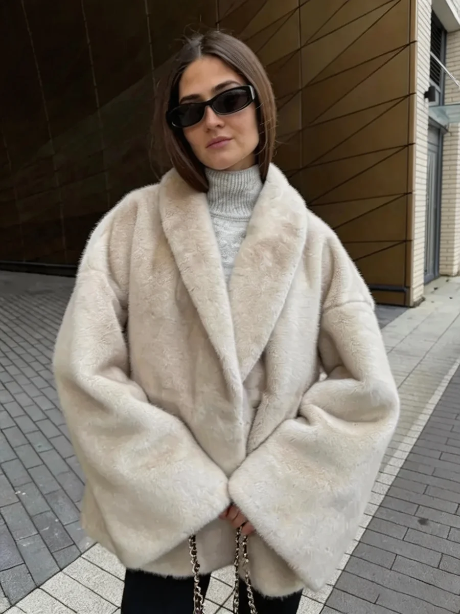 2026 Autumn Winter Women Faux Mink Fur Coat Shawl Collar Padded Lining Drawstring Waist Long Jacket Cream