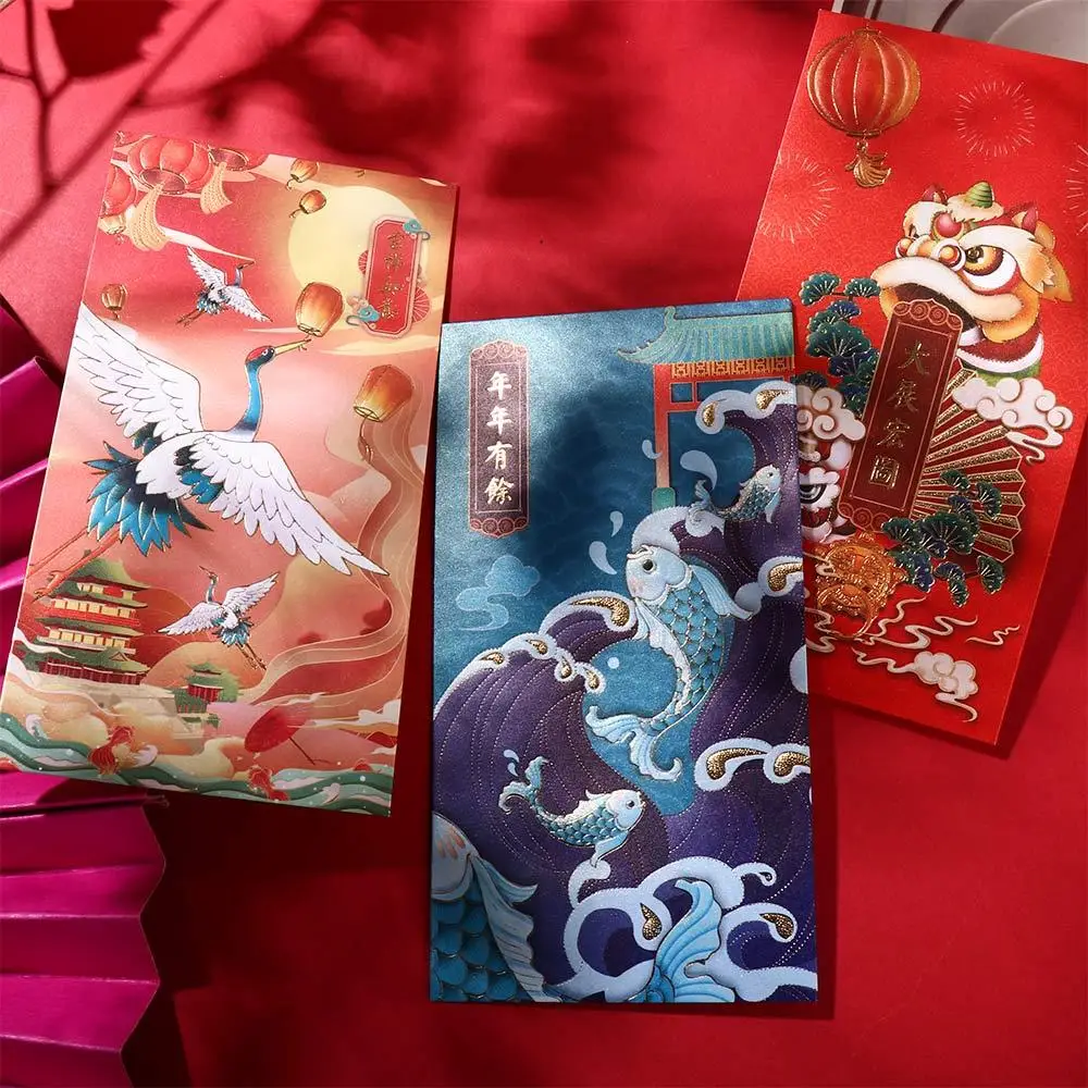 6Pcs Classic Crane Blessing Hot-Stamping Lucky Money Bless Pocket Red Pocket Chinese New Year Red Envelope