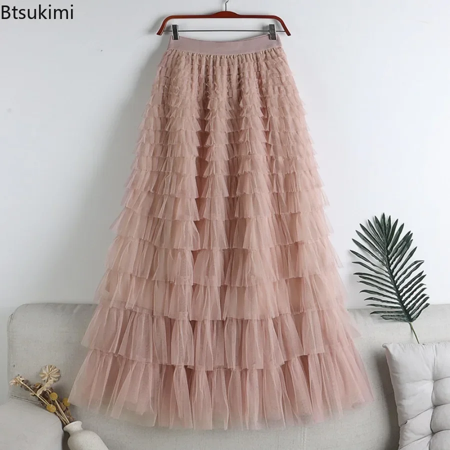 

2025 Women's Cake Skirts Solid Elegant Cascading Ruffles A Line Long Skirts Female Casual Elastic Waist Party Lace Skirt Faldas